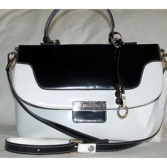 Bellucci Black White Italian Leather Large Satchel Shoulder Bag